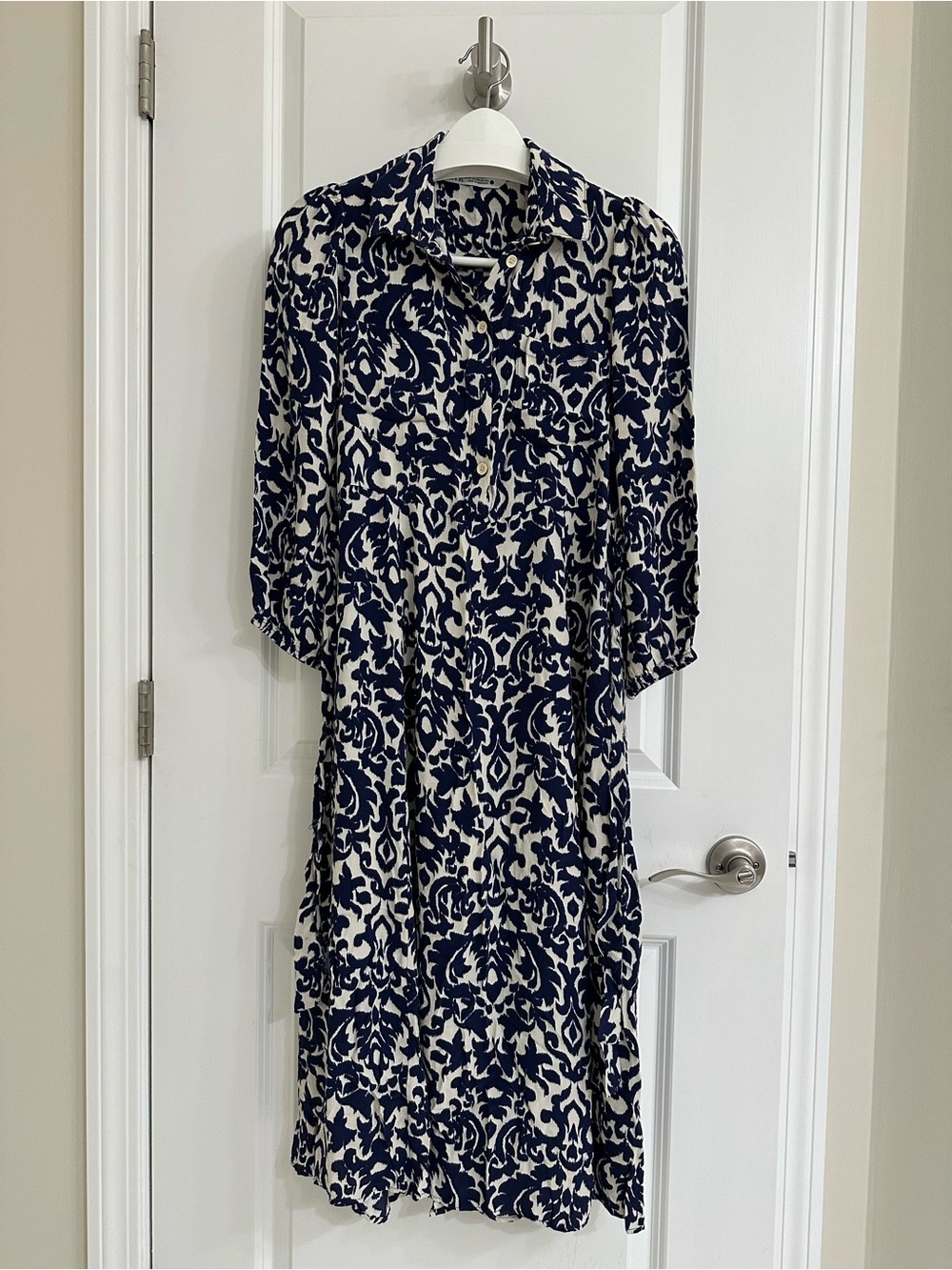 Zara Navy and White Printed Midi Shirt Dress